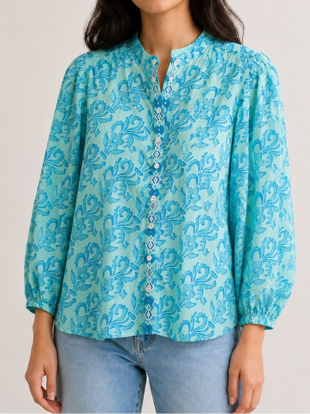 Sundance Faron Floral 100% Cotton Button Down Embroidered Balloon Sleeve Tunic - Picture 2 of 11
